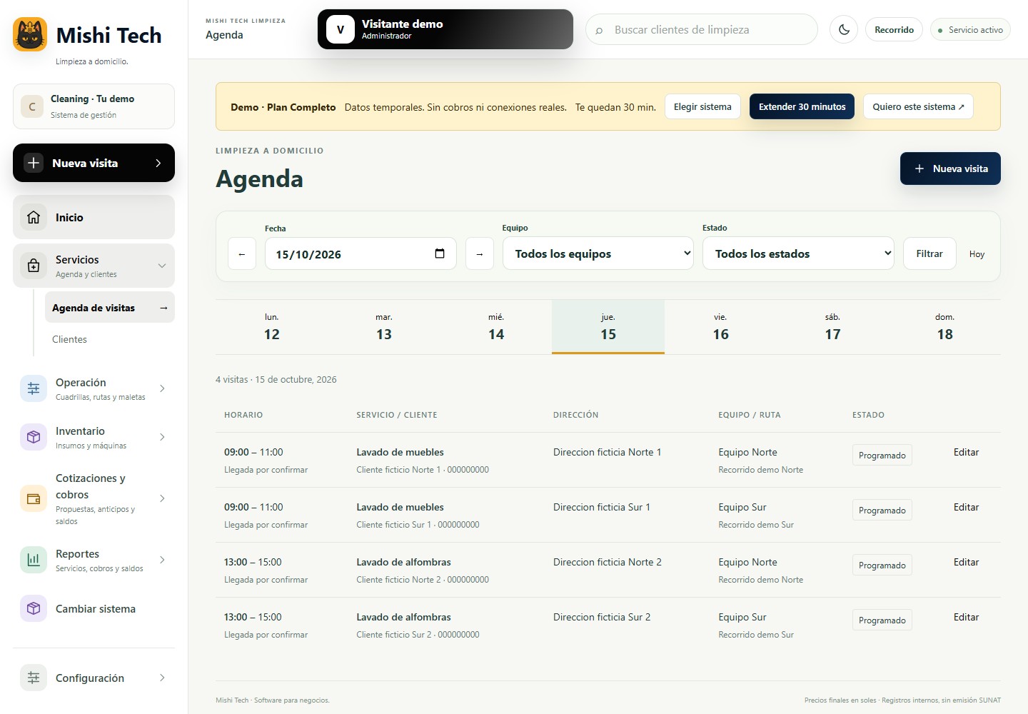 Agenda del sistema de limpieza a domicilio con visitas ficticias